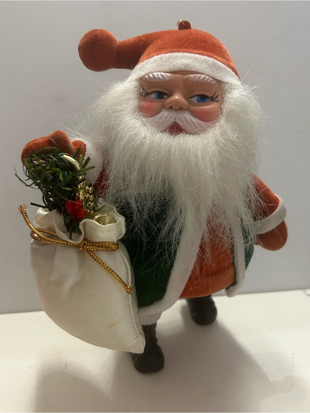 Vintage Flocked Santa Blow Mold Ornament 8”